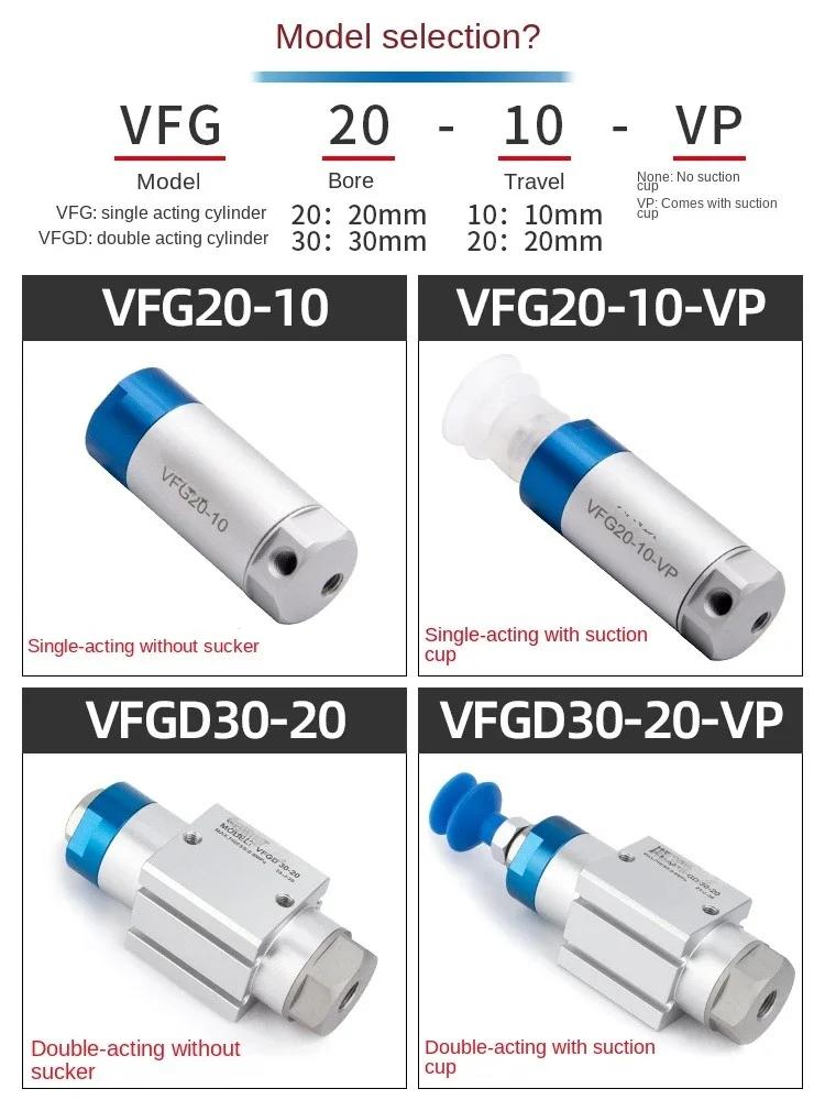 Cilindro neumático VFG20-10-VP para pinza robótica con ventosa de vacío de una sola acción 20-20/30-20