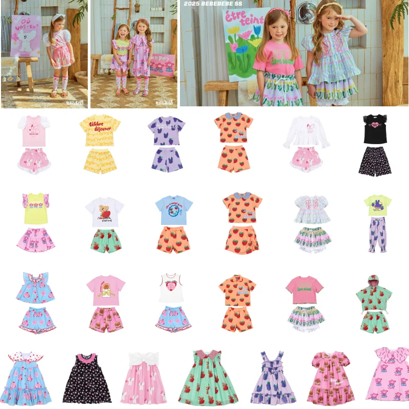 

BEBEBE 2025 летняя новая милая футболка для девочек, комплект с шортами, корейская версия, детская рубашка с рукавами-пузырьками, комплект брюк-кюлотов с бутонами