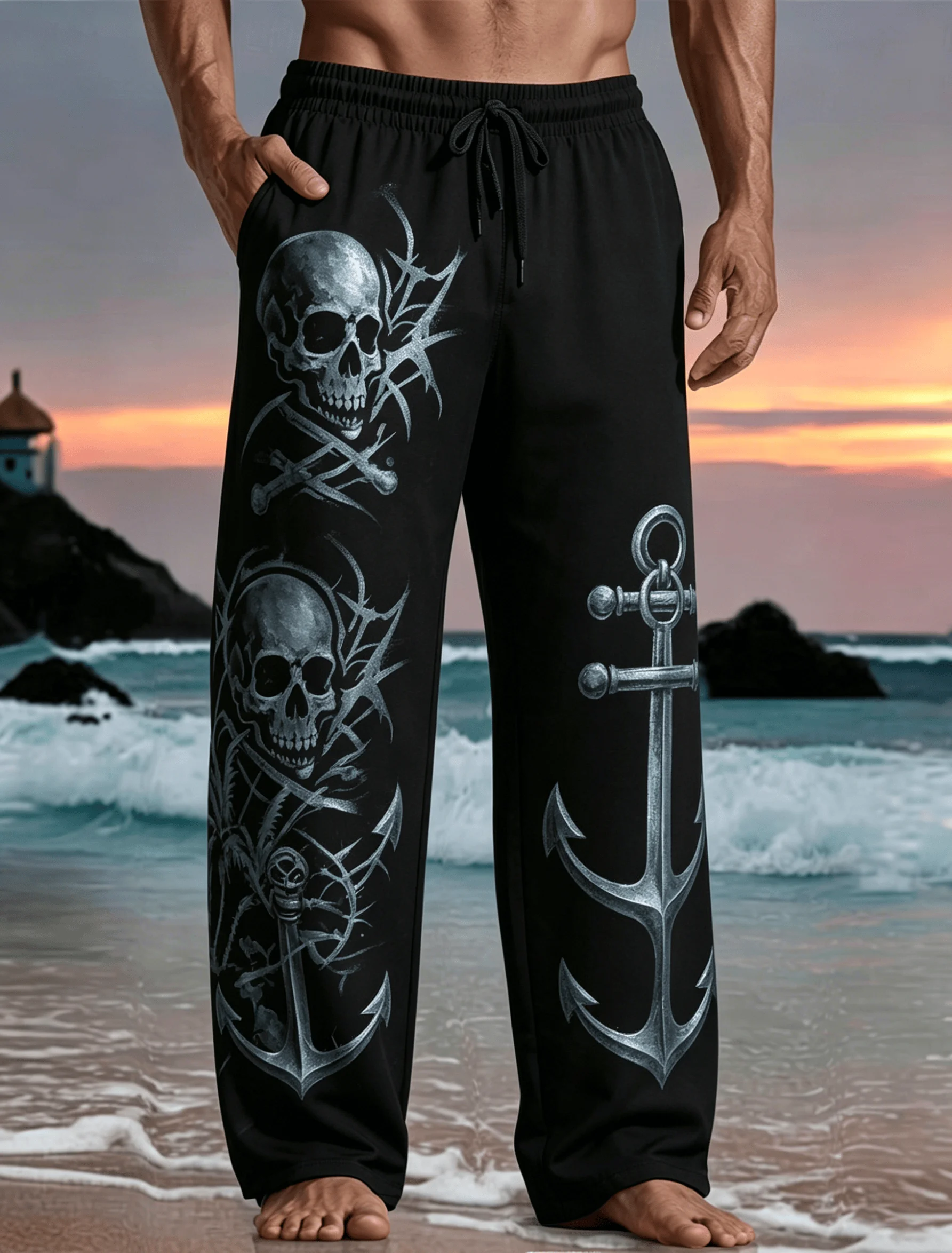 Men's Black Serpent & Thorn Print Drawstring Pants, Mysterious Tropical Style Casual Trousers for Spring Summer