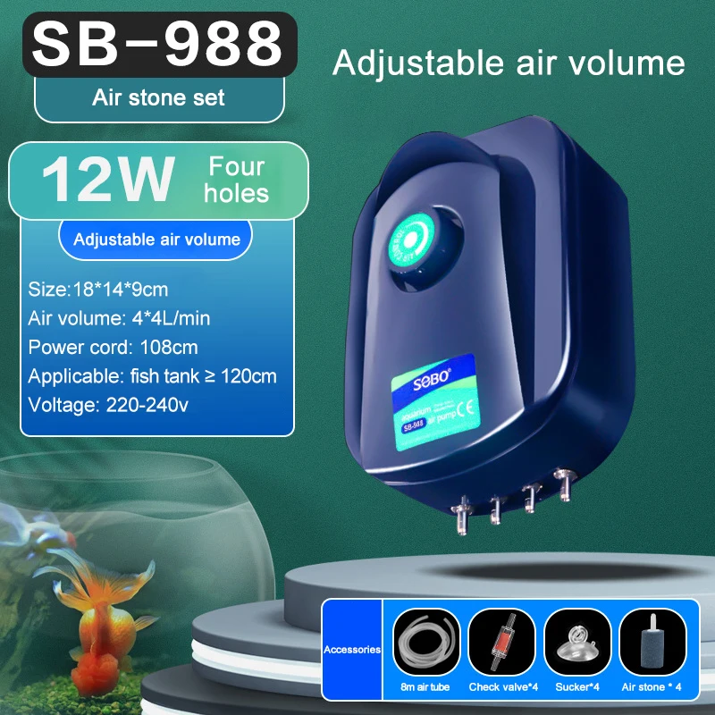 SOBO Silent Aquarium Oxygen Air Pump Fish Tank Adjustable Air Volume High Power Oxygenator Air Compressor Aerator 220v 12w