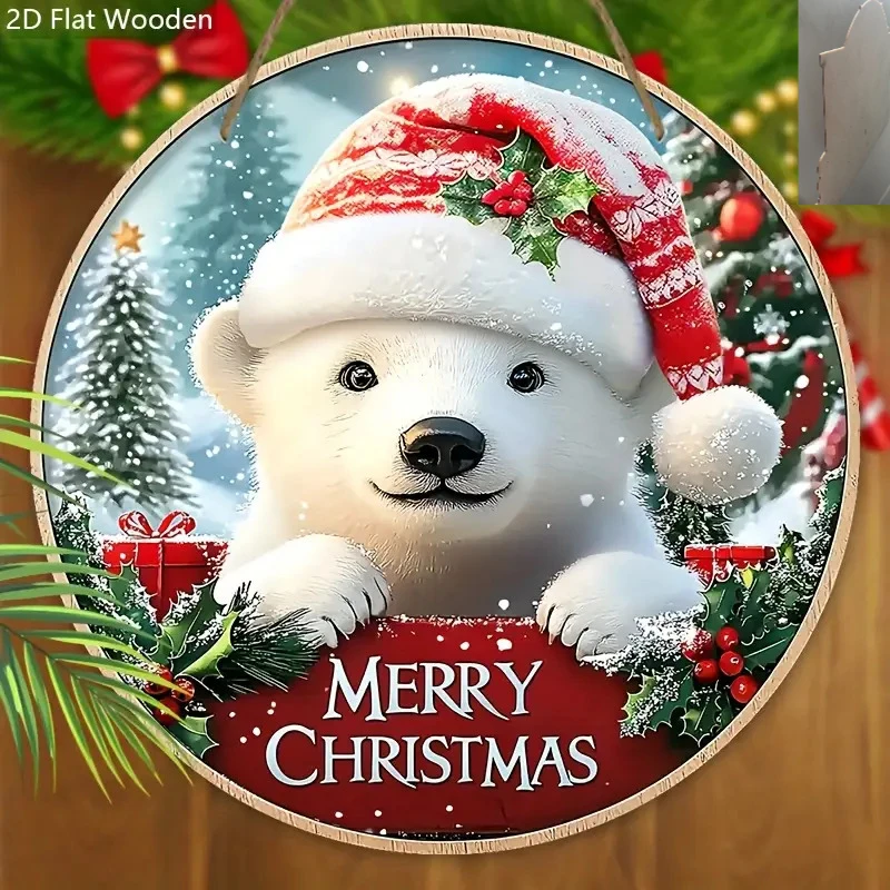 2D Flat, Cute Polar Bear Christmas Wooden Hanging Sign - Merry Christmas Round Door Plaque, Wall Hanging Decoration, Ideal Perfe