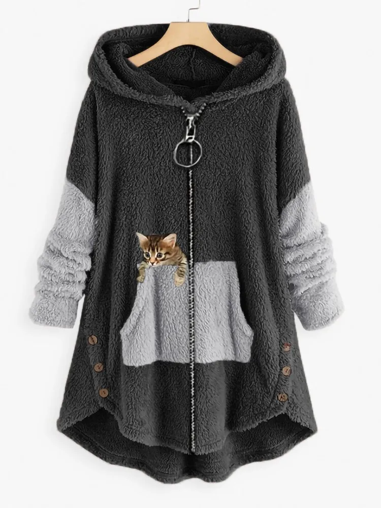 2023 New Cat Print Hoodies Coat Women Autumn Winter Fleece Warm Casual Zipper Sweatshirt Female Streetwear Oversized Hooded Tops