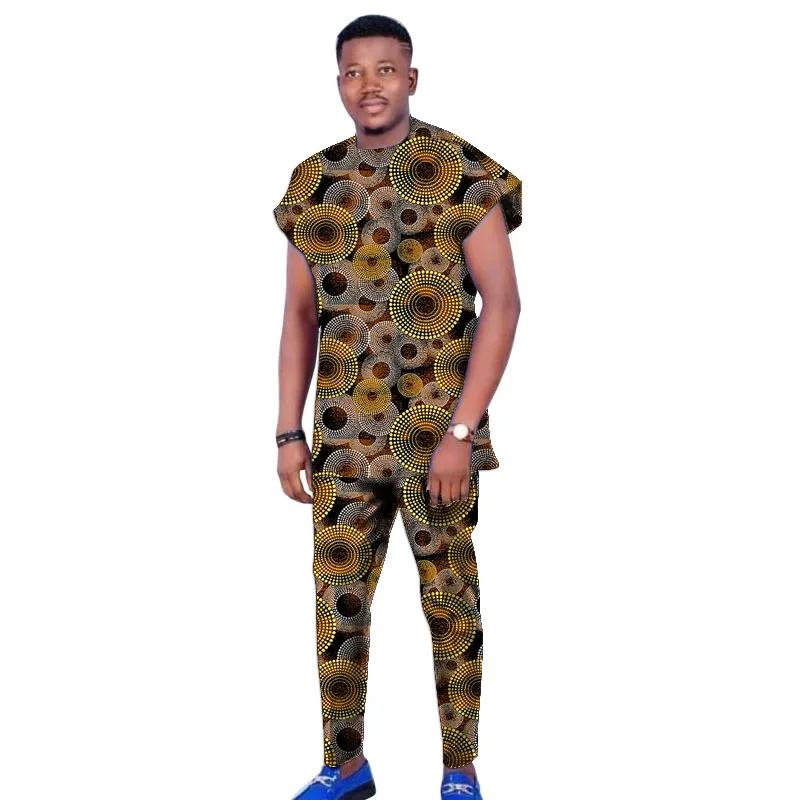 African Couture Men's Set Tops+Elastic Waist Trousers Nigerian Fashion Print Short Sleeves Groom Suit For Wedding/Party