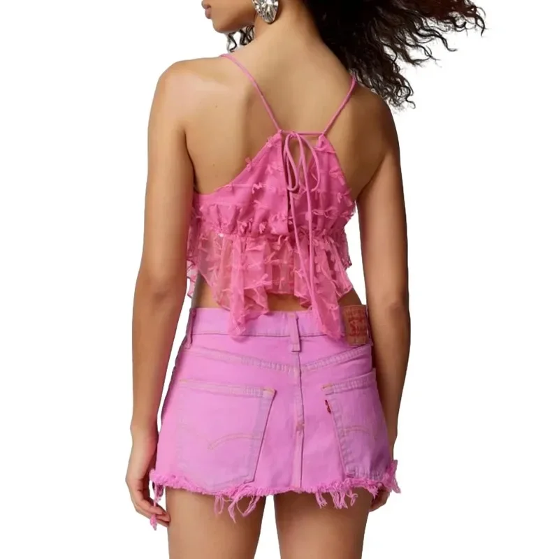 Y2k Women Fashion Lace Camisoles V-Neck Sleeveless Tie-Up Backless Tank Tops Summer Vests Crop Tops Streetwear 2024 New YDL34