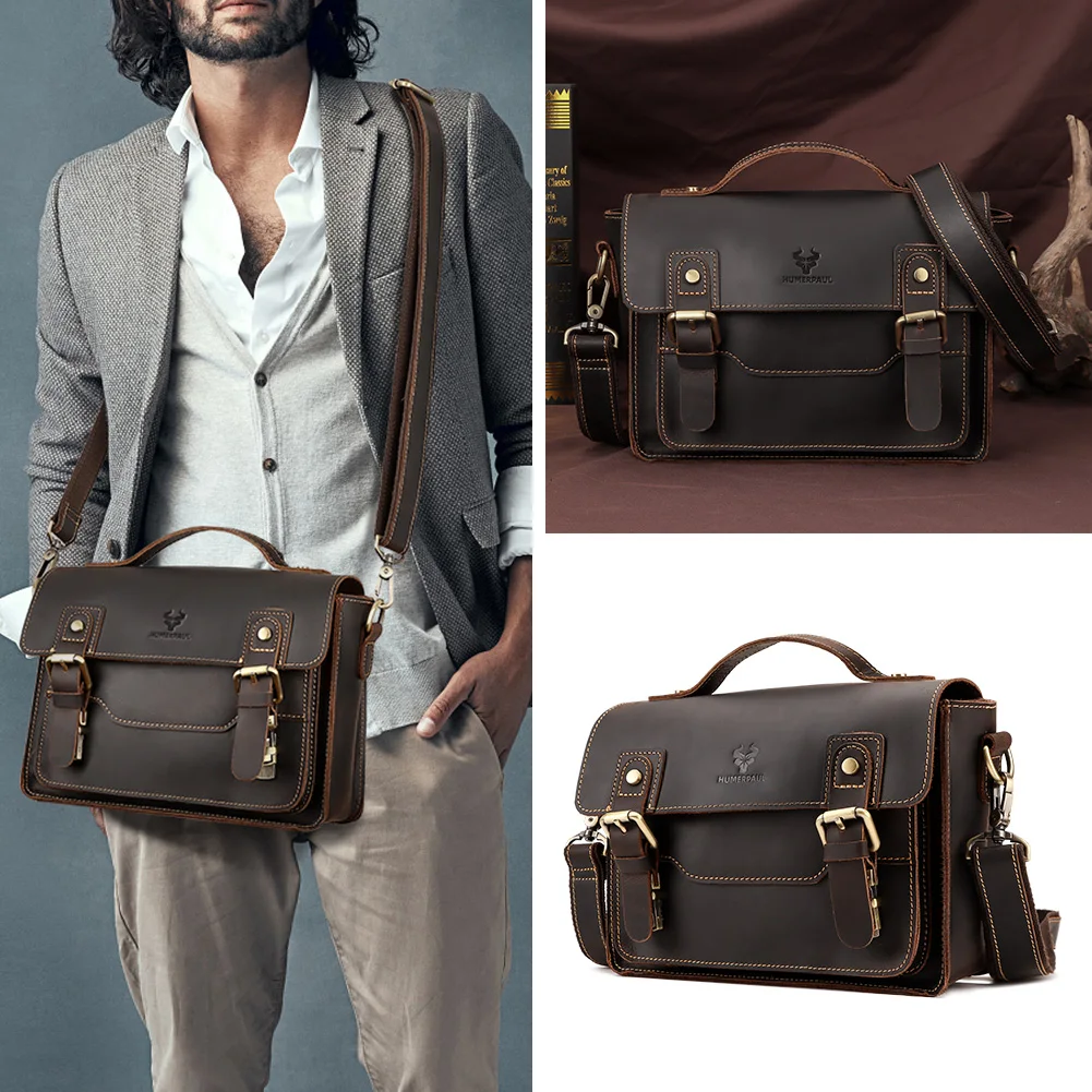 HUMERPAUL Vintage Men's Bag Crazy Horse Leather Shoulder Messenger Bags Small Male Flap Tote  High Quality Crossbody Sling Bag ﻿