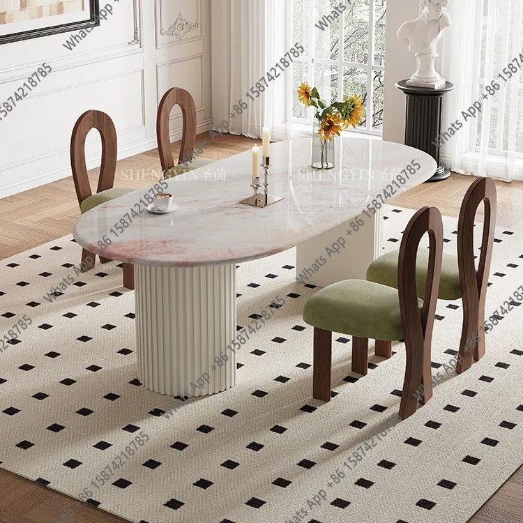 Natural marble French dining table oval cream style modern home dining table and chair combination designer