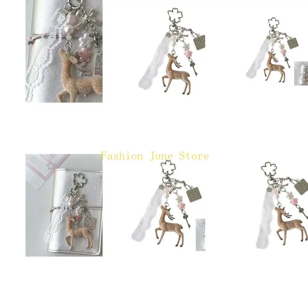 N5KA Delicate Flocking Deer Keychain Korean Styles Lace Design Gift