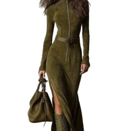 YAMBABEL 보헤미안 카우보이 시크 드레스 여성 패션 긴 소매 사이드 슬릿 지퍼 프론트 가을 겨울