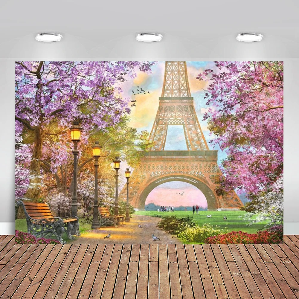 

Paris Garden Pathway Design Holiday Party Photography Backdrops Eiffel Tower Floral Tree Flowers Decoration Photo Backgrounds