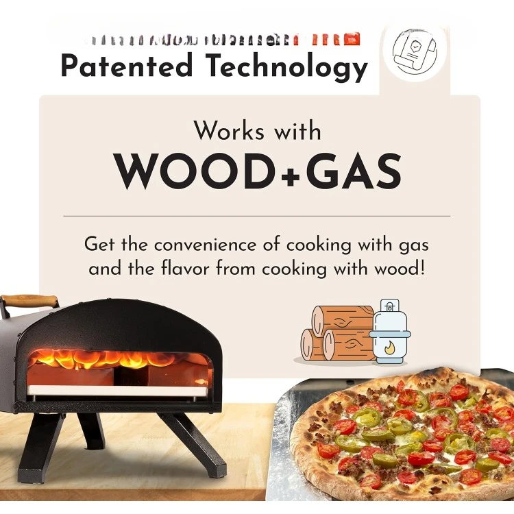 SimulFIRE Outdoor Pizza Oven Bundle - Wood Fire Portable 12 inch Brick Oven with Gas Burner, Peel, Wood Tray, Cover