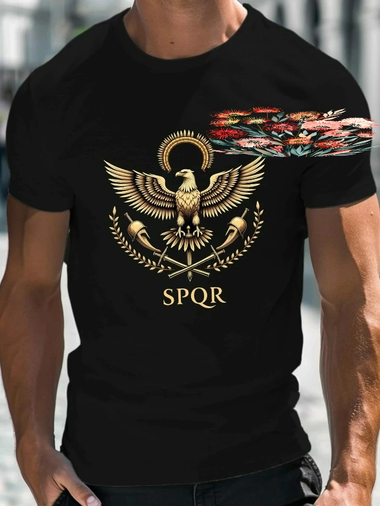 Roman eagle SPQR men's summer casual cotton round neck short sleeve T-shirt.