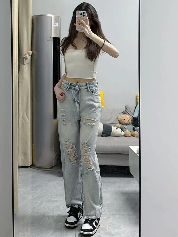 

KING BRAND Spring Autumn High Waist Straight Leg Jeans Side Zipper Waed Denim Pants Slimming Vintage Street Sle Women's J...