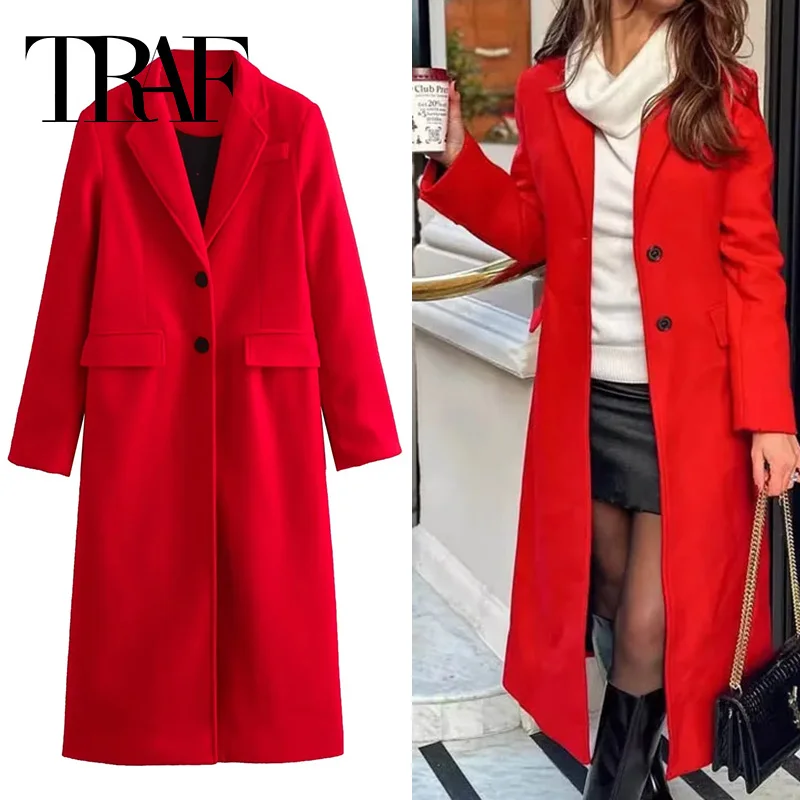 TRAF Women\'s Coats Red Long Coat Women Autumn Elegant Coats Woman Winter 2024 Button Warm Overcoat Female New In Outerwears