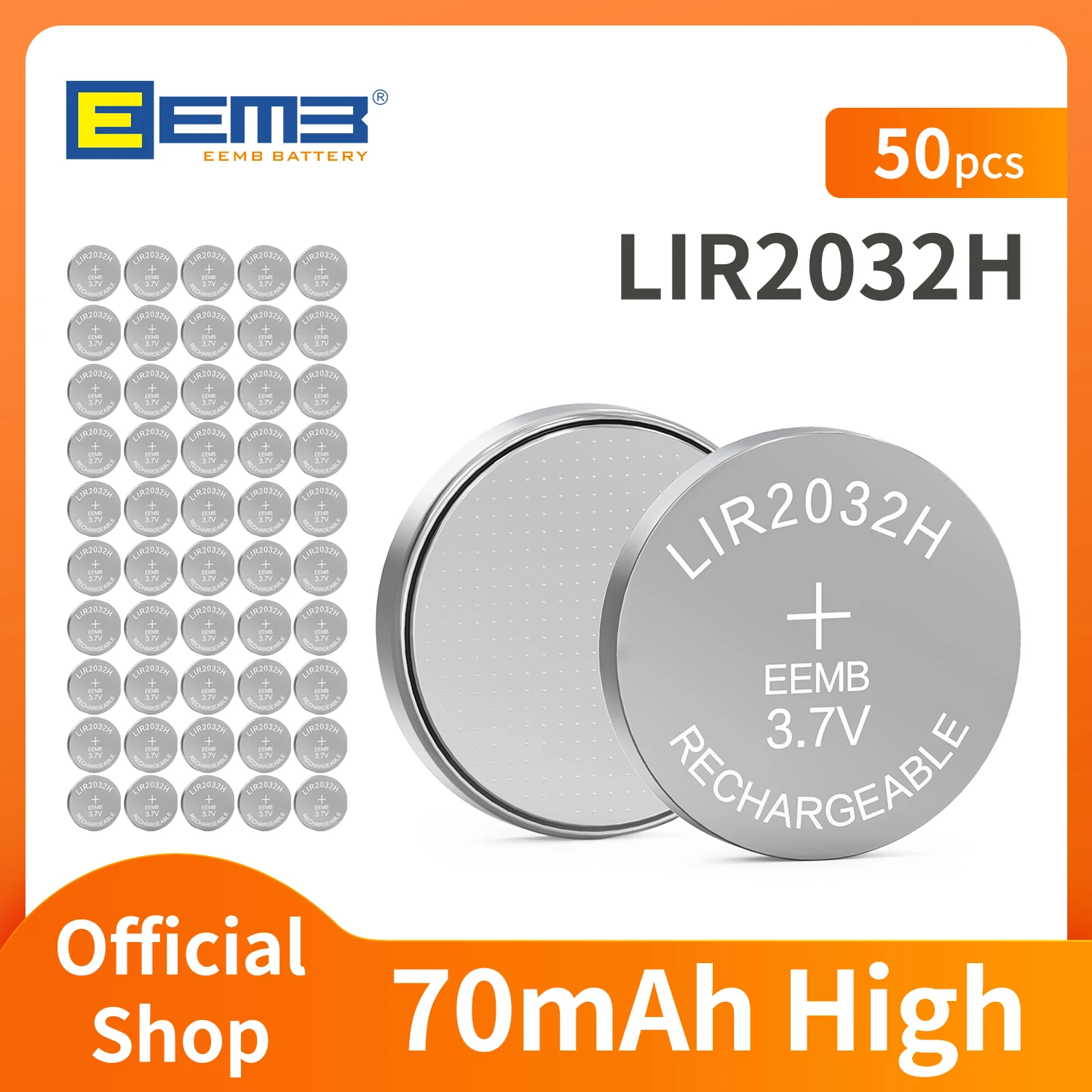 EEMB 50PCS LIR2032 High capacity 70mAh Rechargeable Button Batteries 3.7v  LIR2032H LIR 2032 Coin Lithium Battery