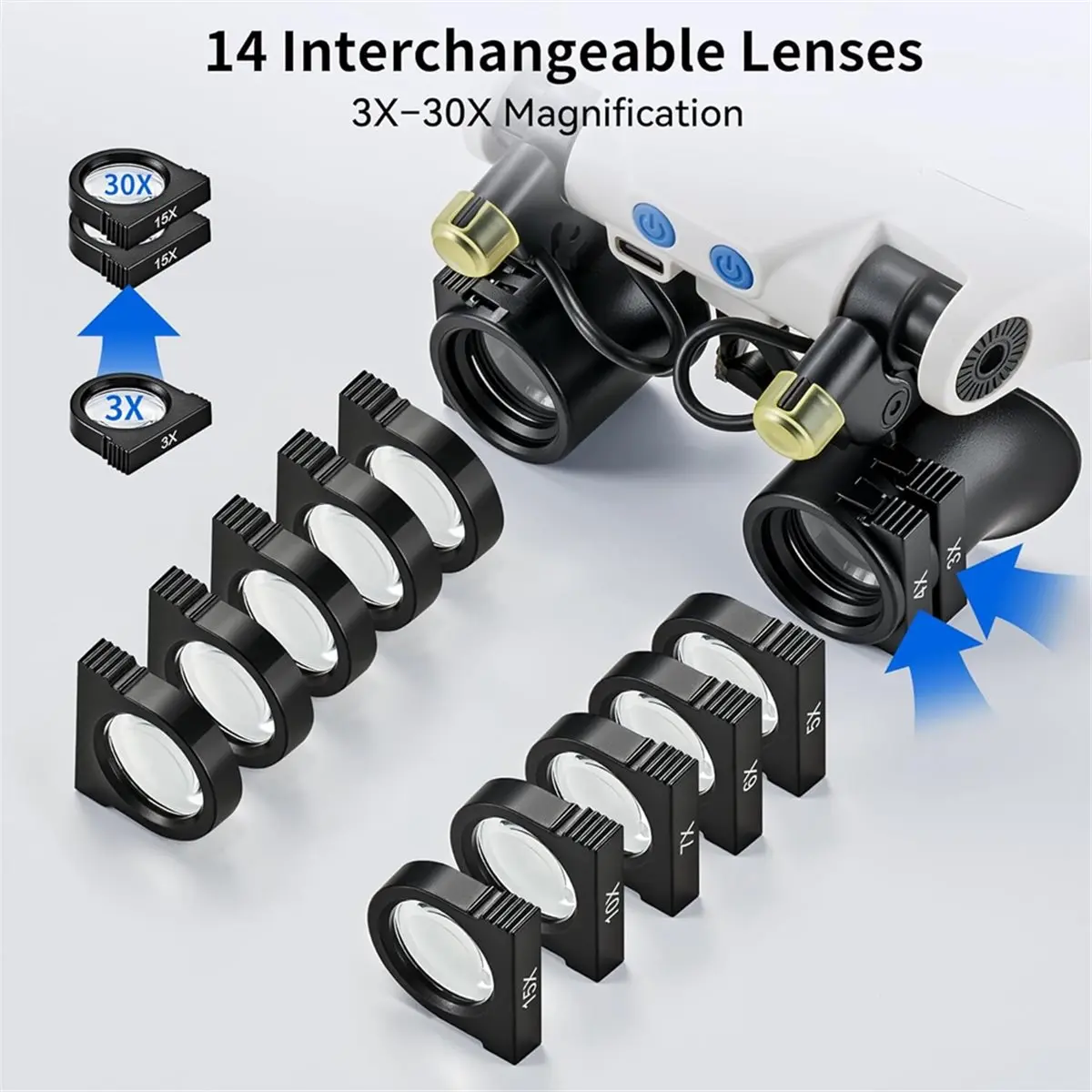 ABNQ Magnifying Glasses with LED Light, Hands Free Magnifier with 14 Interchangeable Lenses 3X 4X 5X 6X 7X 10X 15X