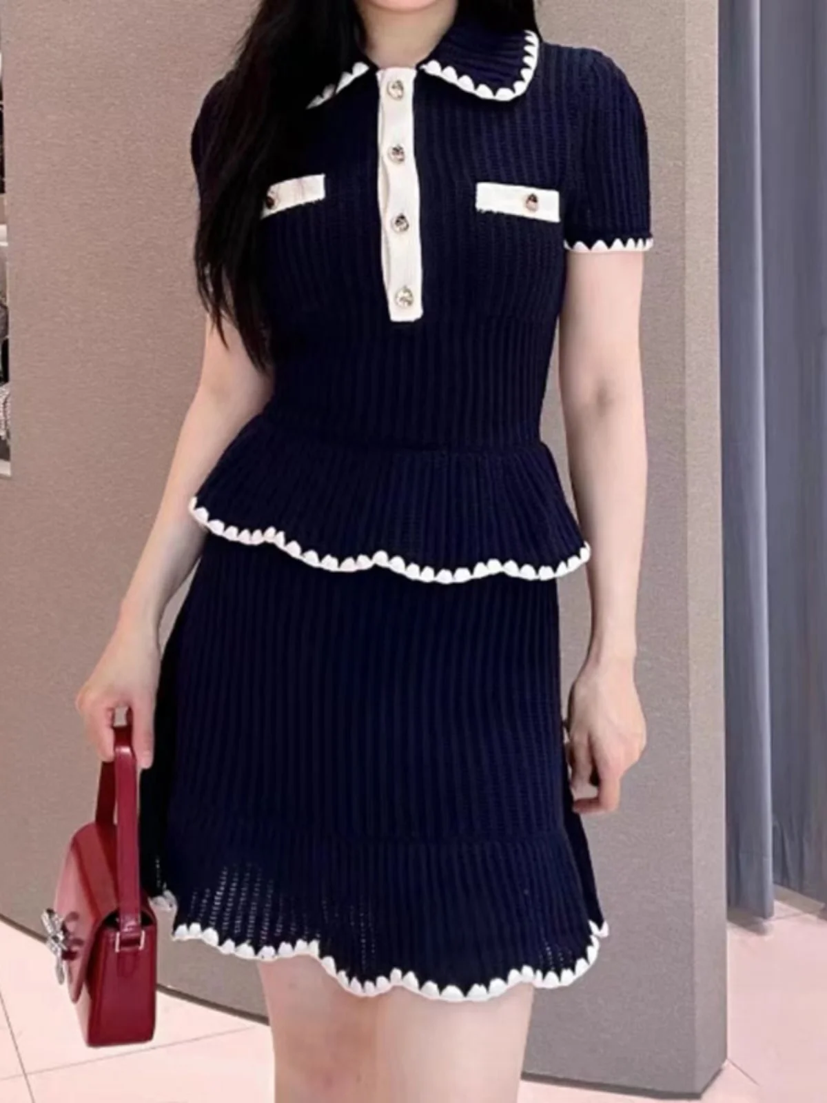 

Handmade Early Autumn ort Sve Knitted Dr with Lace Collar And Color Blo Design High Quali Women's One-Piece Suit