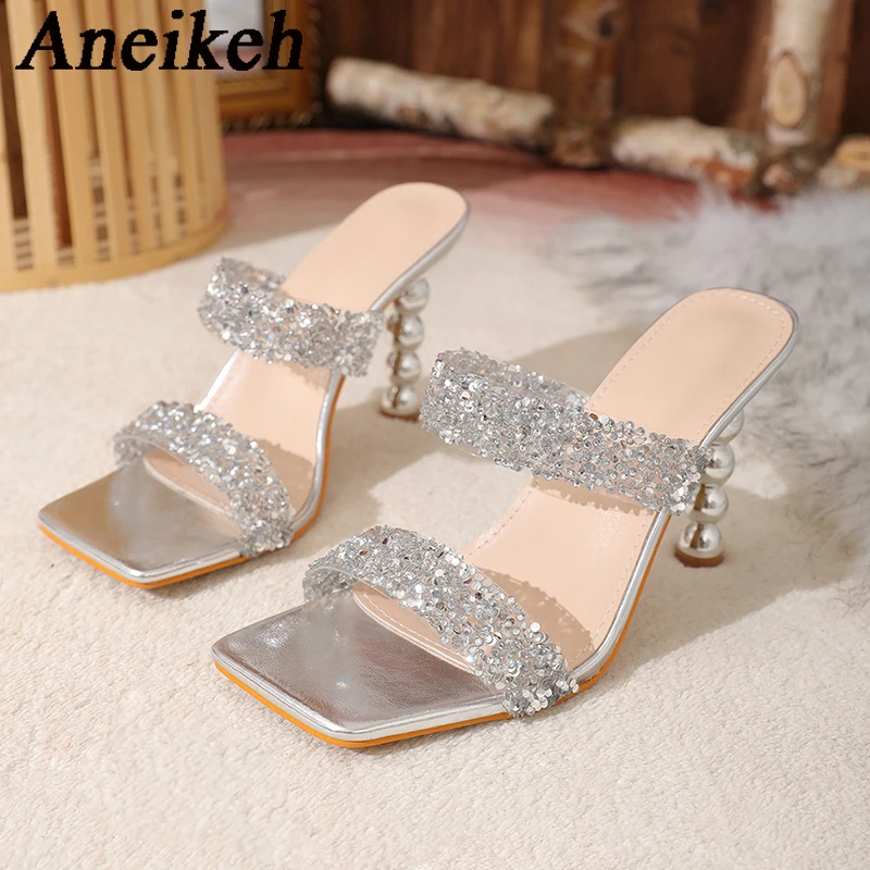 Aneikeh Sexy Silver Sequin rhinestone PVC Slippers For Women Square Toe Strange High Heels Sandals Summer Fashion Party Shoes