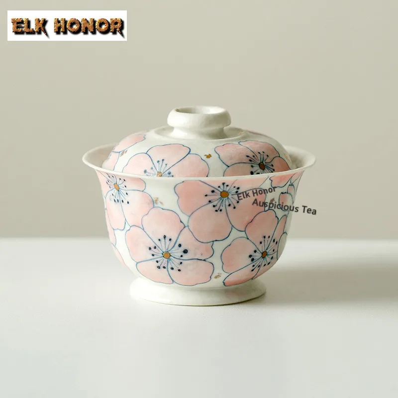 105ml Hand-painted Peach Blossoms Gaiwan Japanese Tea Tureen Tea Bowl with Lid Kit Tea Making Cover Bowl Tea Items Decoration
