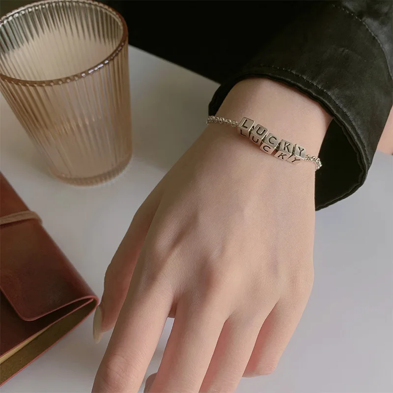 New Retro Square Personality LUCKY English Alphabet 925 Sterling Silver Hipster Design Geometric Popular Bracelets  TYB150