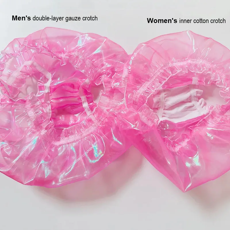 Man Sheer Laser Pink Holographic Organza Briefs Women Sexy Ruffles See Through Panties Cos Couple FKK Private Party Costumes BF