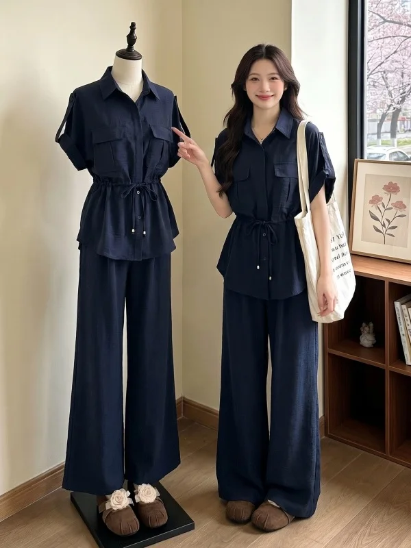 

plus Size Women's Summer Fashion Workwear Style Short Sleeve Shirt And Wide Leg Pants Two Piece Set in Dark Blue