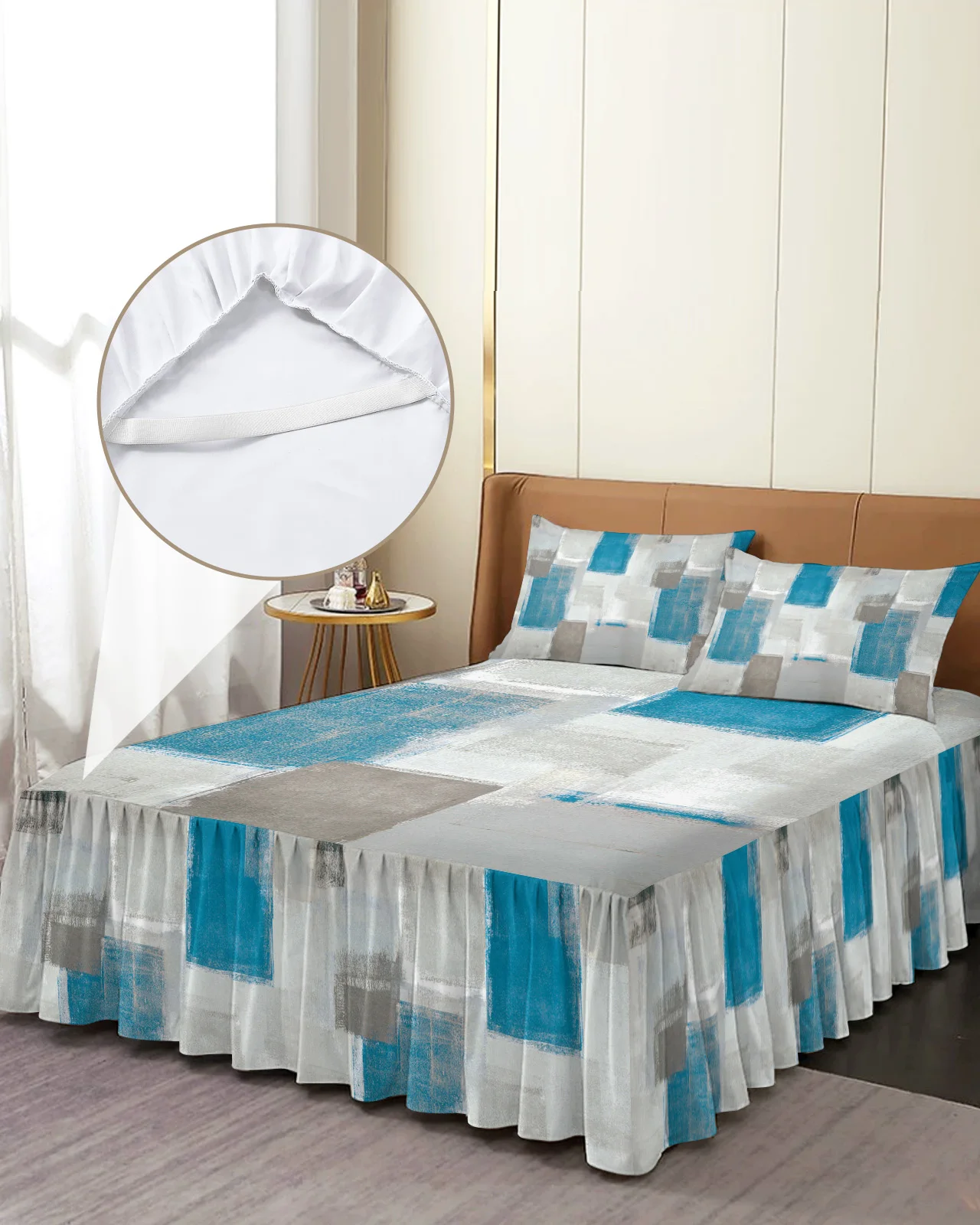 Blue Smudge Paint Abstract Texture Bed Skirt Elastic Fitted Bedspread With Pillowcases Mattress Cover Bedding Set Bed Sheet