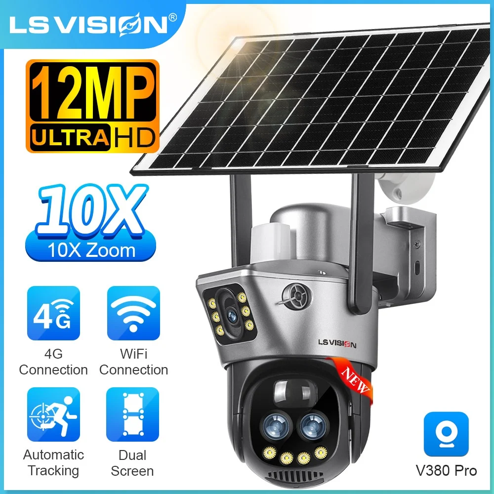 LS VISION 10X Zoom 4G Sim Solar Camera Wifi Outdoor 12MP 3 Lens WiFi IP Camara CCTV Built in Battery Solar PIR Security Cam V380