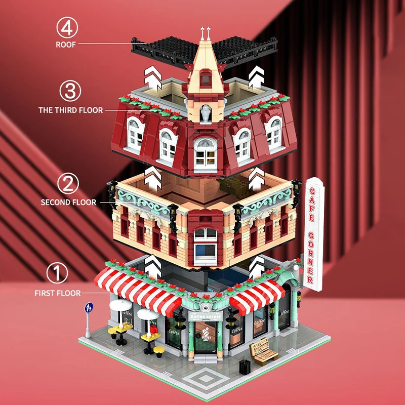 City Town Street View มุมร้านกาแฟร้านขายของชํา Building Blocks มินิอิฐ Bank สถาปัตยกรรมไฟของเล่นเด็กของขวัญ
