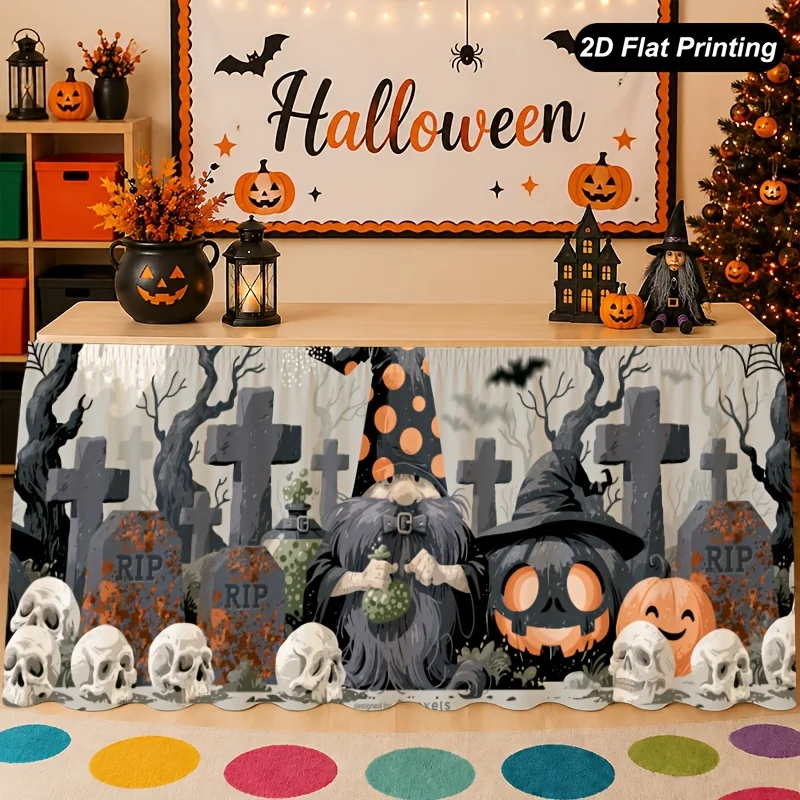 One 2D flat Halloween tomb pumpkin skull table skirt, perfect for a Halloween family party in the home kitchen.xzj