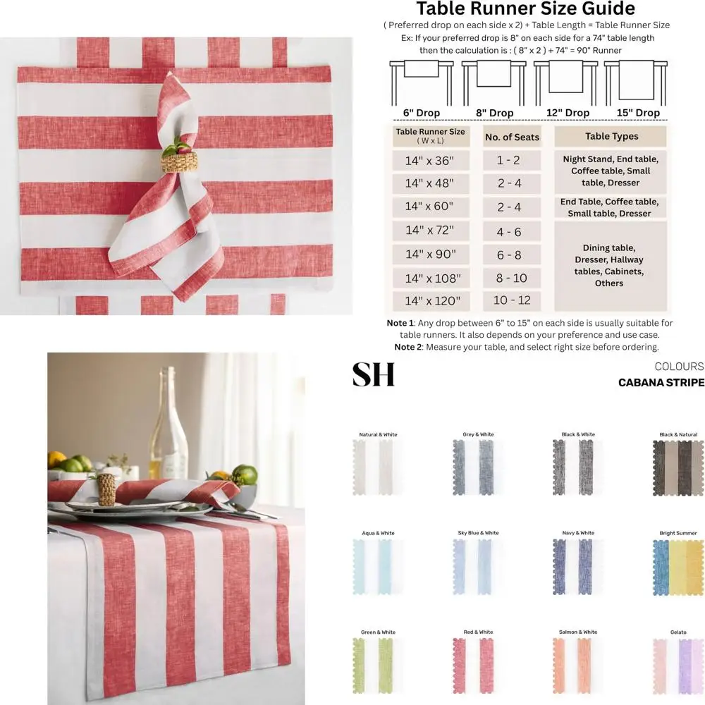 

Cabana Stripe Pure Linen Table Runner, 14x120 Inches, Red & White Striped for Festive Dining
