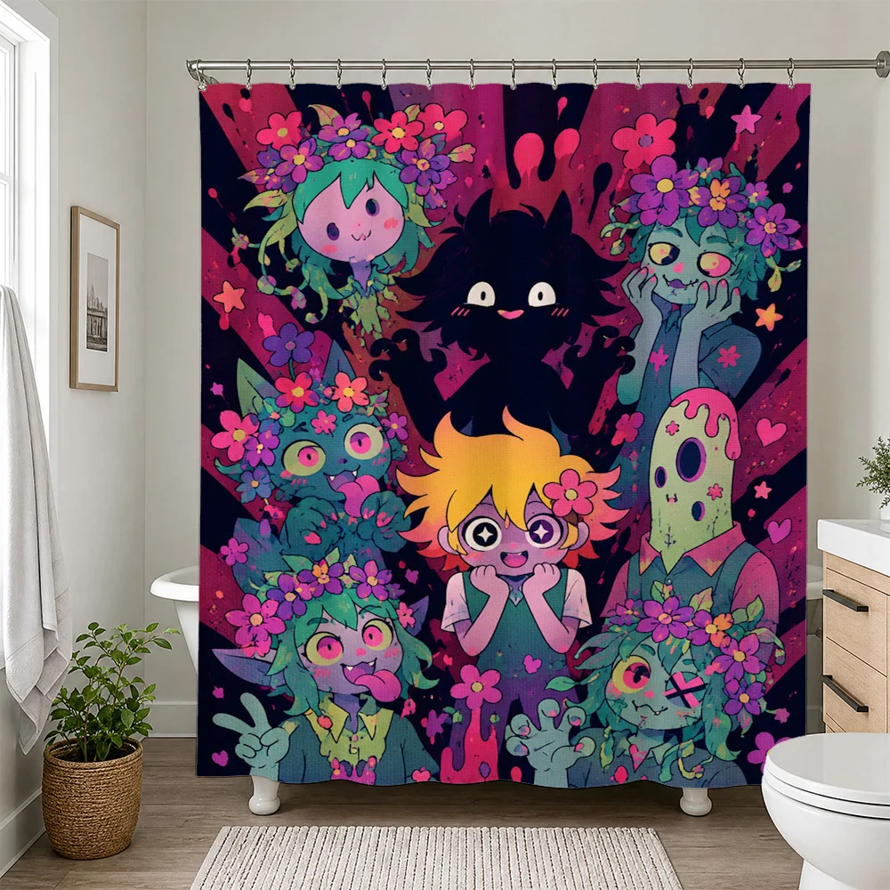Cute Kawaii Cartoon Characters Shower Curtain Fun Colorful Pop Art Bathroom Decor for Kids and Teens