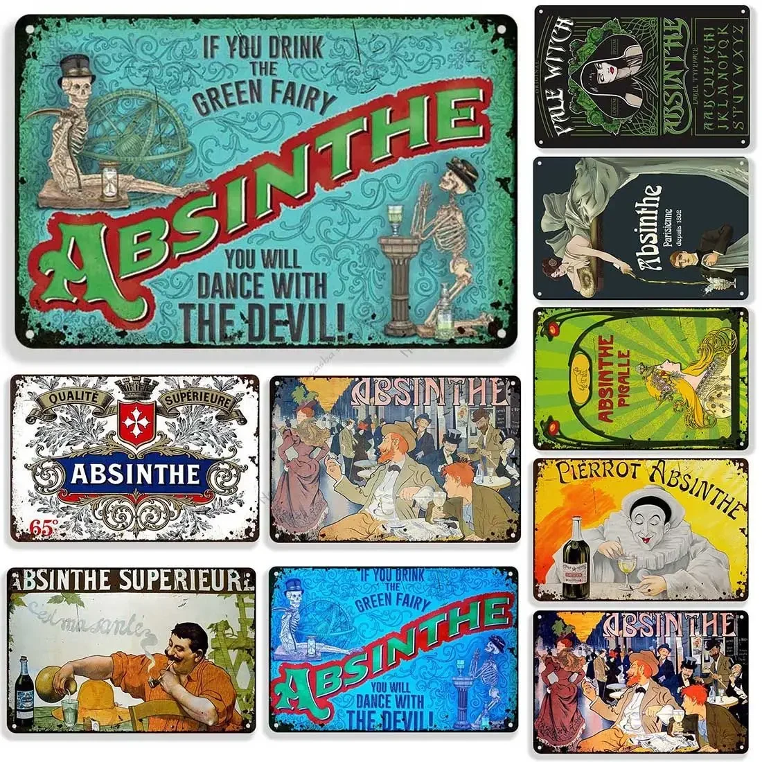 Absinthe Metal Plate Vintage Metal Tin Sign Retro Metal Signs Wall Plate Home Man Cave Club Wall Decor Bar Tin Sign Plaque