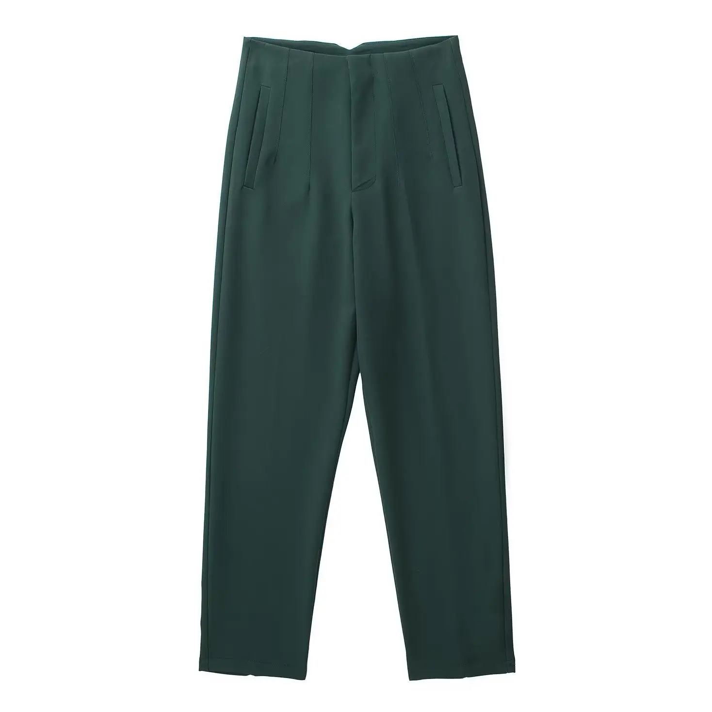 Straight Leg Pants High Waist Full Length Vintage Trousers for Women - Blackish Green