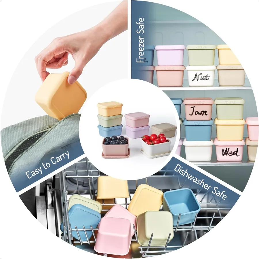ISSEVE 8oz حاويات الوجبات الخفيفة من السيليكون لحاويات صغيرة قابلة لإعادة الاستخدام كوب واحد مع أغطية حاويات تخزين المواد الغذائية من السيليكون المقاوم للتسرب