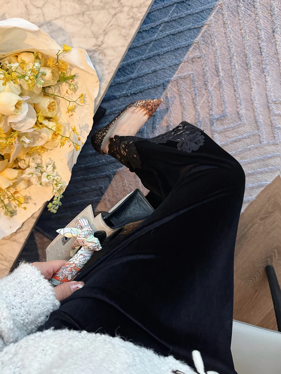 

Ele High Waist Velvet f Skirt with Lace Patchwork Heavy Embroidery Bla Long Dr Versatile High Quali Vintage Sle