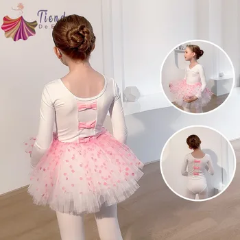 핑크 도트 흰색 거즈 스커트 소녀 발레 드레스 어린이 댄스 복장 가을, 겨울 어린이 훈련 착용 코튼 긴 소매