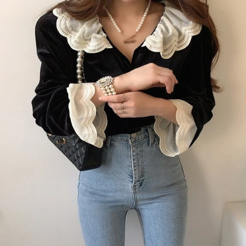 Hikigawa Autumn Chic Fashion Korean Blouse Peter Pan Collar Vintage Elegant Shirt All Match Lace Patchwork Blusas Tops Mujer