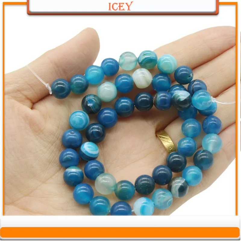 Icey 10pcs Striped Blue Agate DIY Handmade Jewelry Bracelet Necklace Accessories Semi Finished Striped Agate Beads