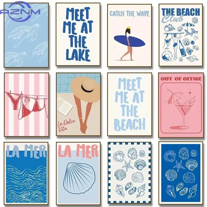 Seashells Meet Me At The Beach Poster Summer Bikini Coastal La Dolce Vita Canvas Painting Trendy Wall Art Room Home Decor