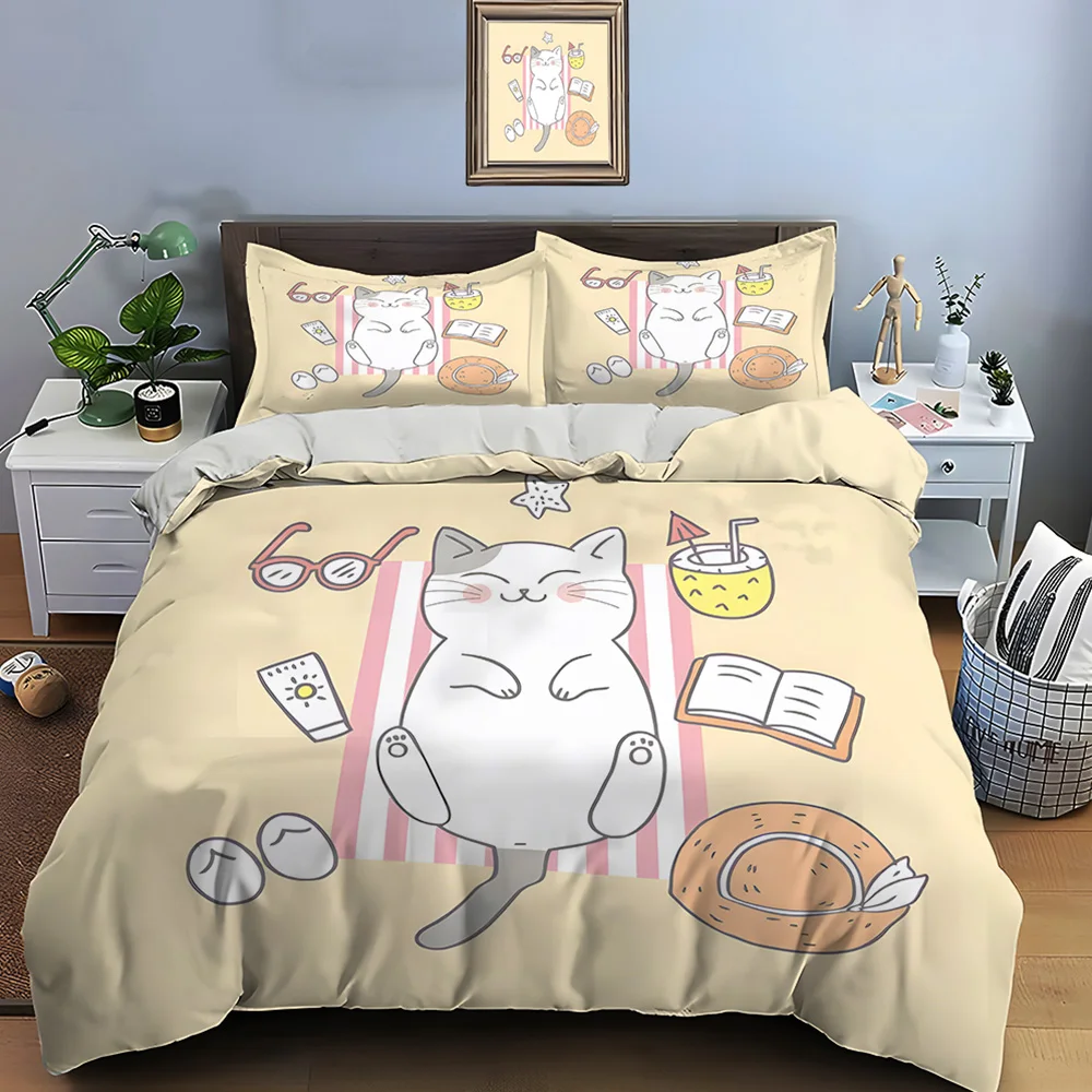 Relaxed Cat with Summer Items Bedding Set for Kids Luxury Gift 3pcs Digital Print Comforter Set Soft Comfortable Breathable