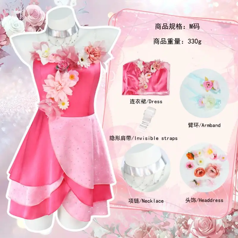 Flora Fairy Cosplay Pink Dress Necklace Colorful Flawers Prop Set Costume Halloween Party for Women Fashion Uniform Dress