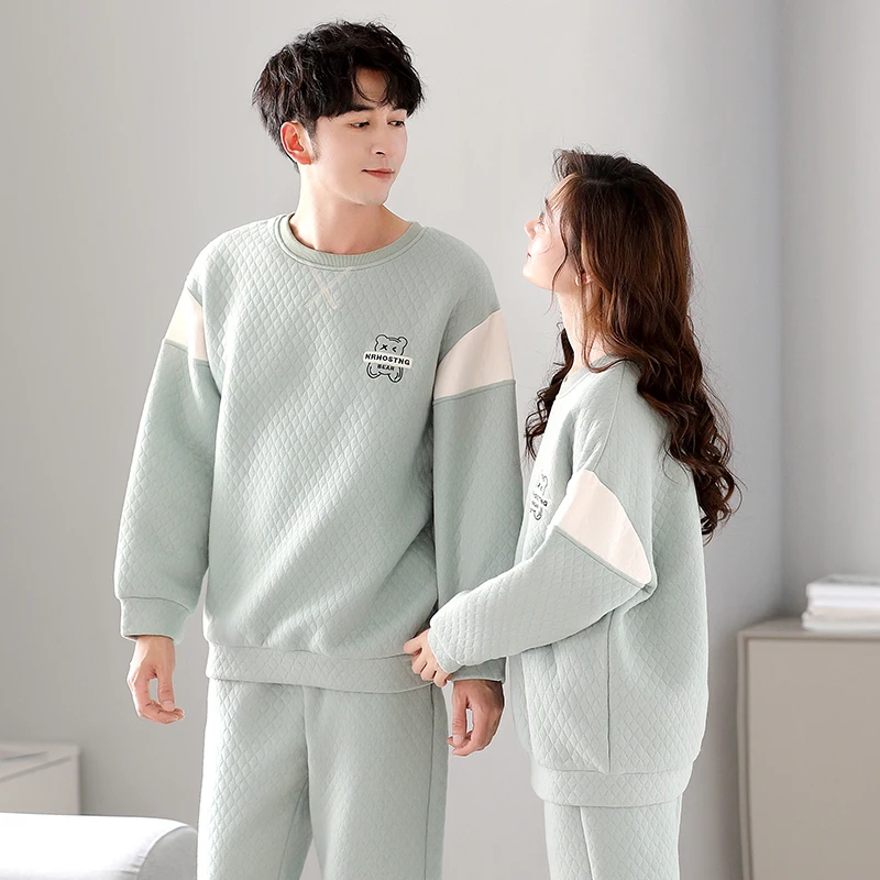 Triple layer thin cotton pajamas autumn and winter couple pajama covers round necked men's and women's pajamas winter casual set