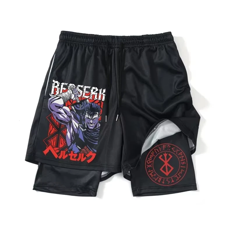 

Мужские шорты для фитнеса с принтом Берсерка из японского аниме, быстросохнущие поддельные комплекты из двух предметов, спортивные карманные спортивные штаны для бега, двухслойные спортивные штаны