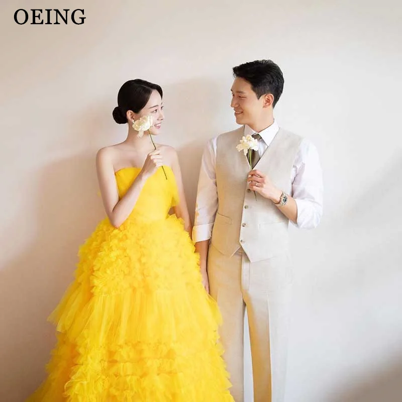 OEING Princess Yellow Tulle Ruffles Tiered Prom Evening Dresses Korea Garden Photo Shoot Outdoor Long Bride Gowns Elegant