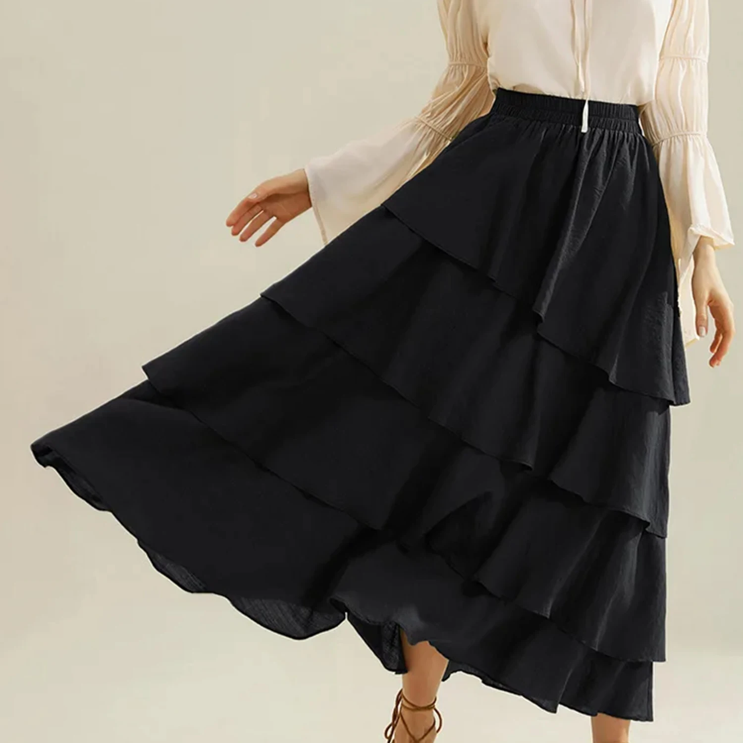 Clearance Women Maxi Skirt Vintage High Waist A Line Victorian Long Skirt Steampunk Gothic Ruffled Hem Pleated Skirts