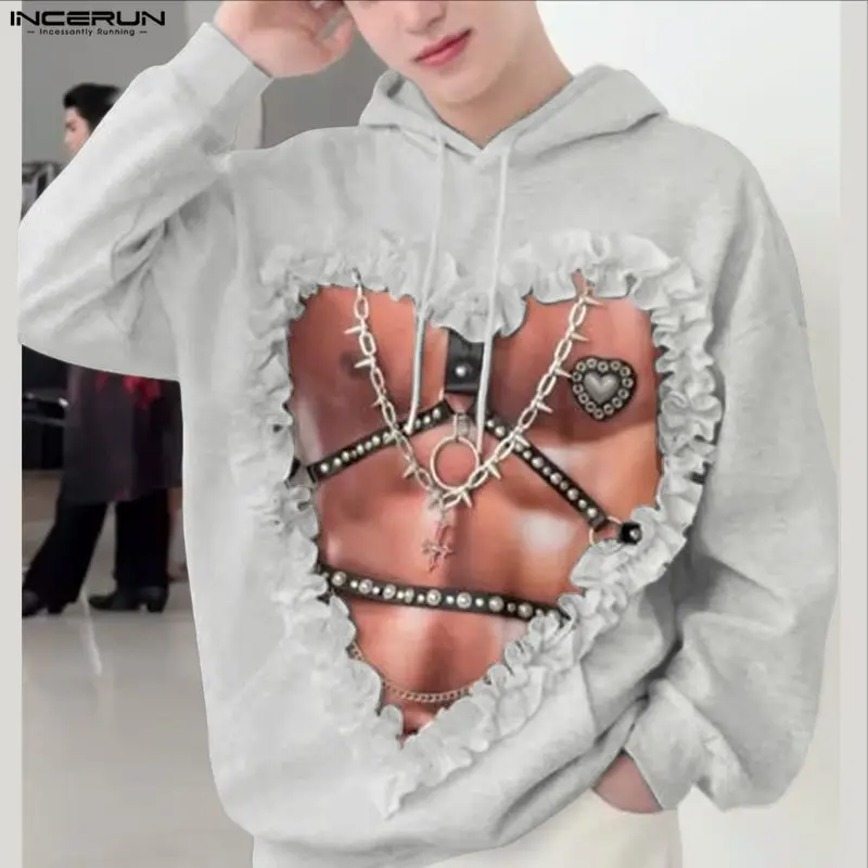 

INCERUN Men Hoodies Printing Hooded Long Sleeve Ruffle Male Sweatshirts Streetwear Loose 2026 Fashion Casual Men Pullovers S-5XL