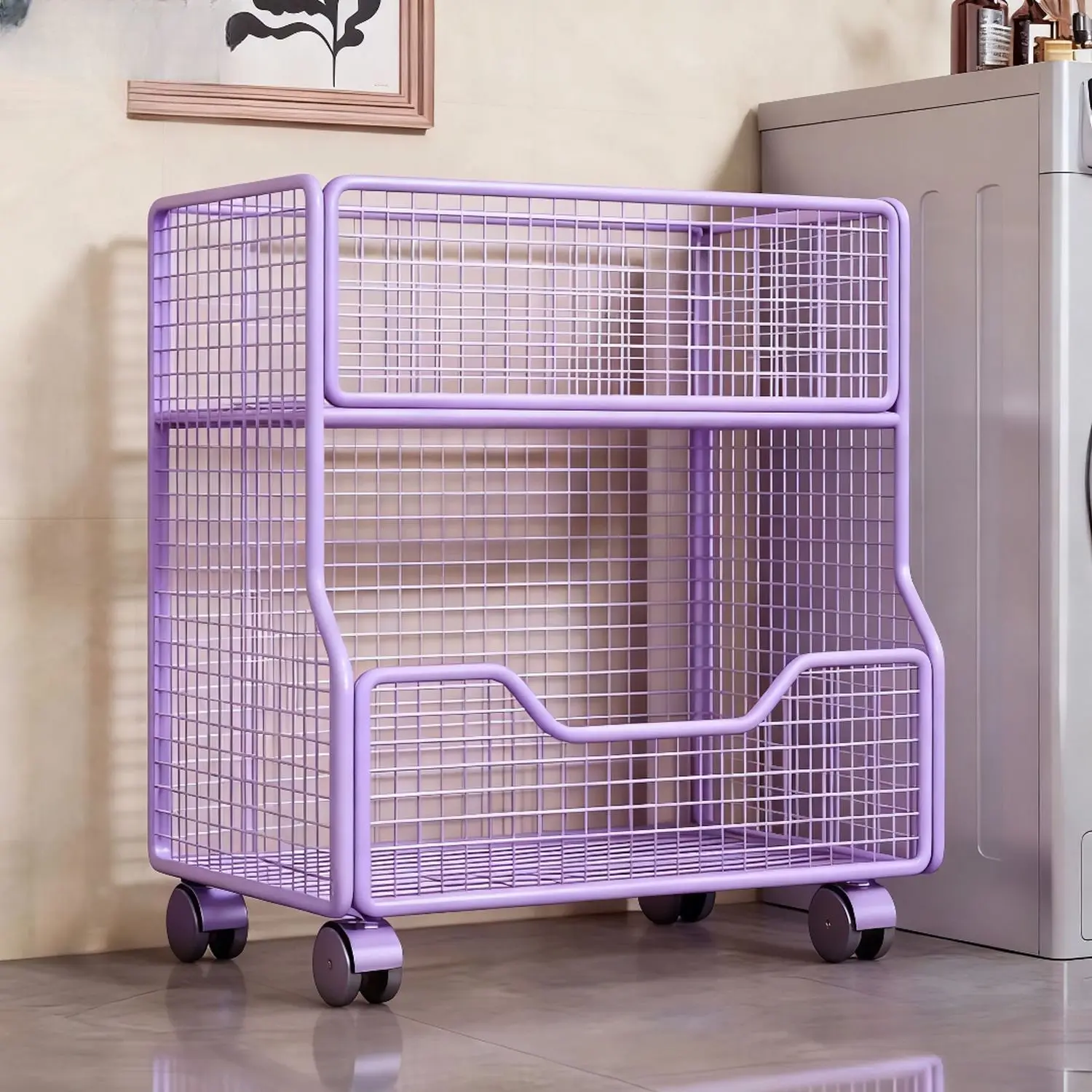 Purple Metal Mesh Kitchen Storage Trolley 2 Tier Rolling Organizer Cart With Wheels For Home Laundry Bathroom