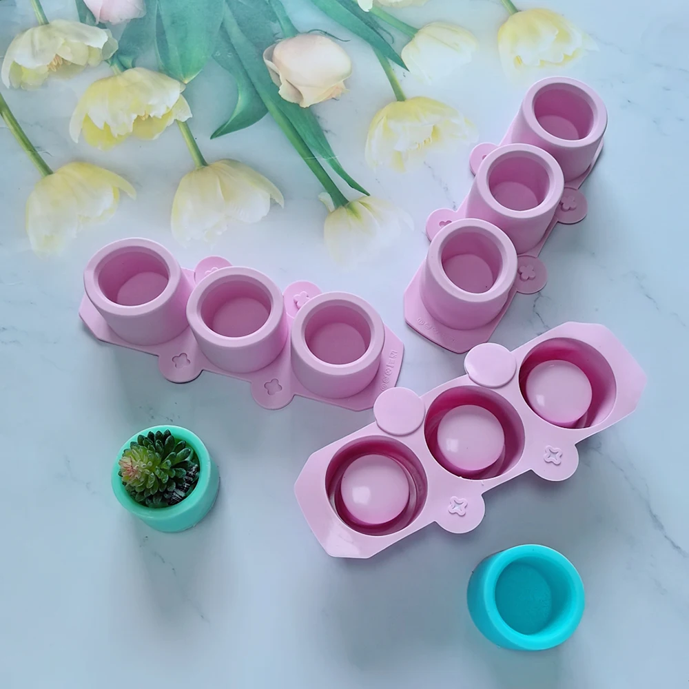 Silicone Mold for Succulent Plant Pots, DIY Craft Candlestick Mini Plant Mould, 3-Cavity Round Pot Silicone Mold for Clay Crafts