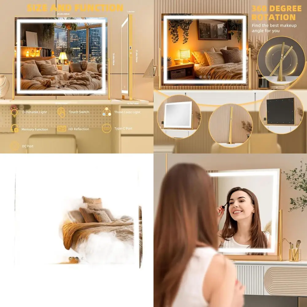 Miroir de courtoisie éclairé par 26 LED, lumière 3 couleurs à écran tactile, luminosité réglable, miroir de bureau carré doré