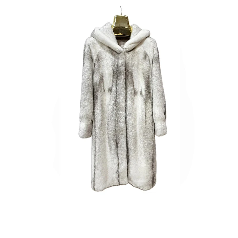 Cappotto di pelliccia di visone naturale reale di importazione di lusso lungo con cappuccio grande colore grigio chiaro argento blu croce donne